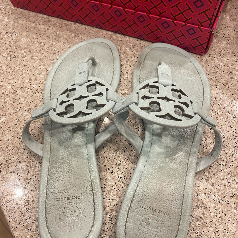 Tory Burch Miller Sandals in light teal color.